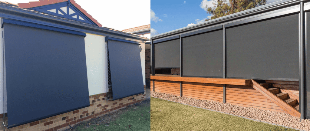 Two outdoor roller blinds are installed on the exterior of houses, providing shade and privacy to windows and patio areas.