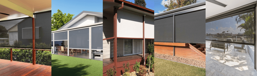 Collage of five outdoor patios featuring different styles of roller blinds or shade screens installed on verandas and pergolas.