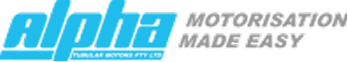 Blue “alpha” logo with the tagline “Alpha Motors Pty Ltd” below, and gray text to the right that reads “MOTORISATION MADE EASY” on a light background.