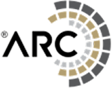 ARC logo with stylized semicircle mosaic pattern in gold and gray arcs to the right of the text.