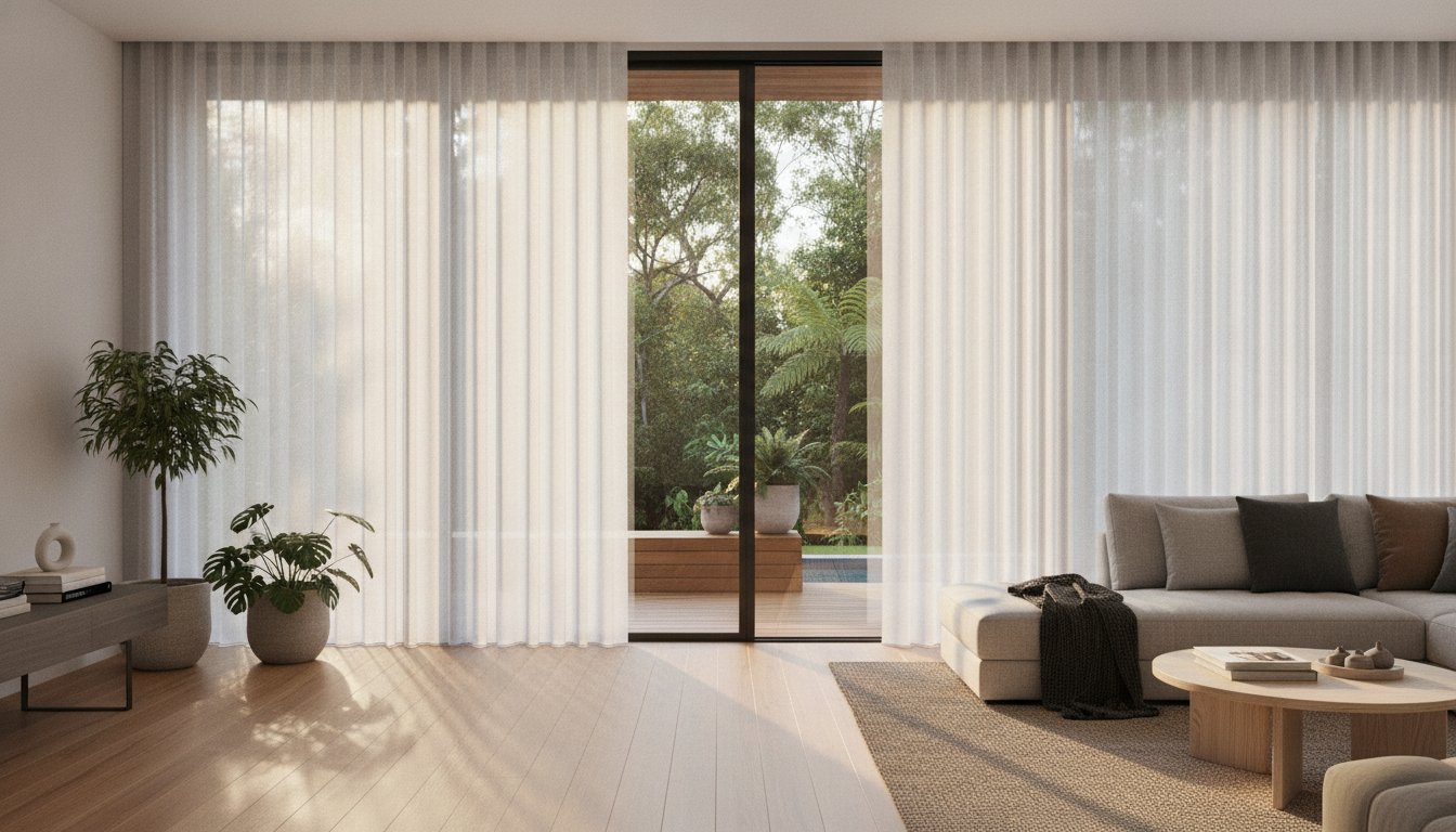 A modern living room with sheer white curtains, large glass doors featuring zipscreen installation Brisbane, indoor plants, and neutral-colored furniture, overlooking a green outdoor area.
