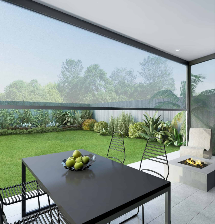 Container (5) Modern patio with a black dining table, four chairs, a bowl of green apples, a fire pit, and a view of a landscaped backyard through a transparent screen.