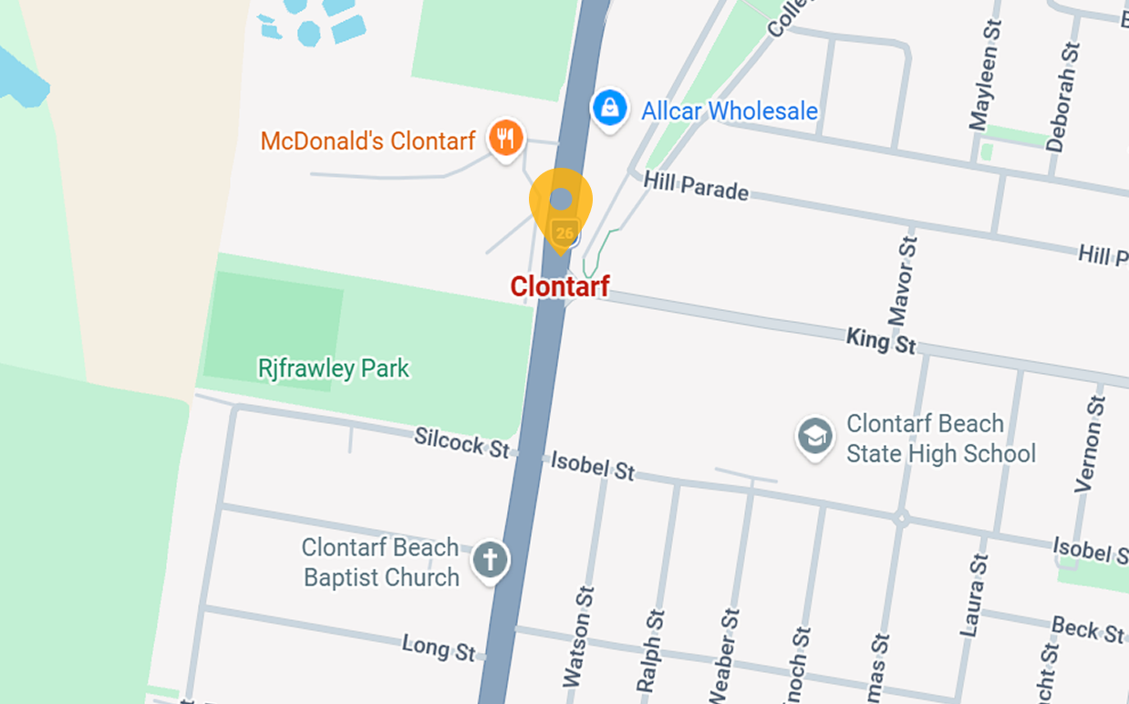 Map showing Clontarf, with landmarks including McDonald’s Clontarf, Clontarf Beach State High School, and Rj Frawley Park. Streets and local businesses are labeled.