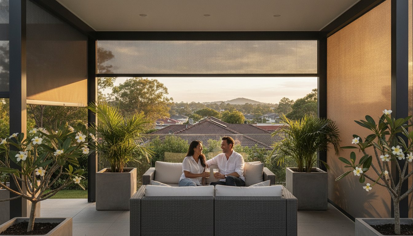 Two people sit together on a patio sofa, framed by potted plants and overlooking a suburban landscape at sunset, their outdoor haven enhanced by a recent zipscreen installation in Brisbane.