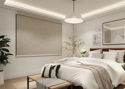 Modern bedroom with a double bed, beige bedding, a plant, wall art, a pendant light, and a window with a beige roller blind.