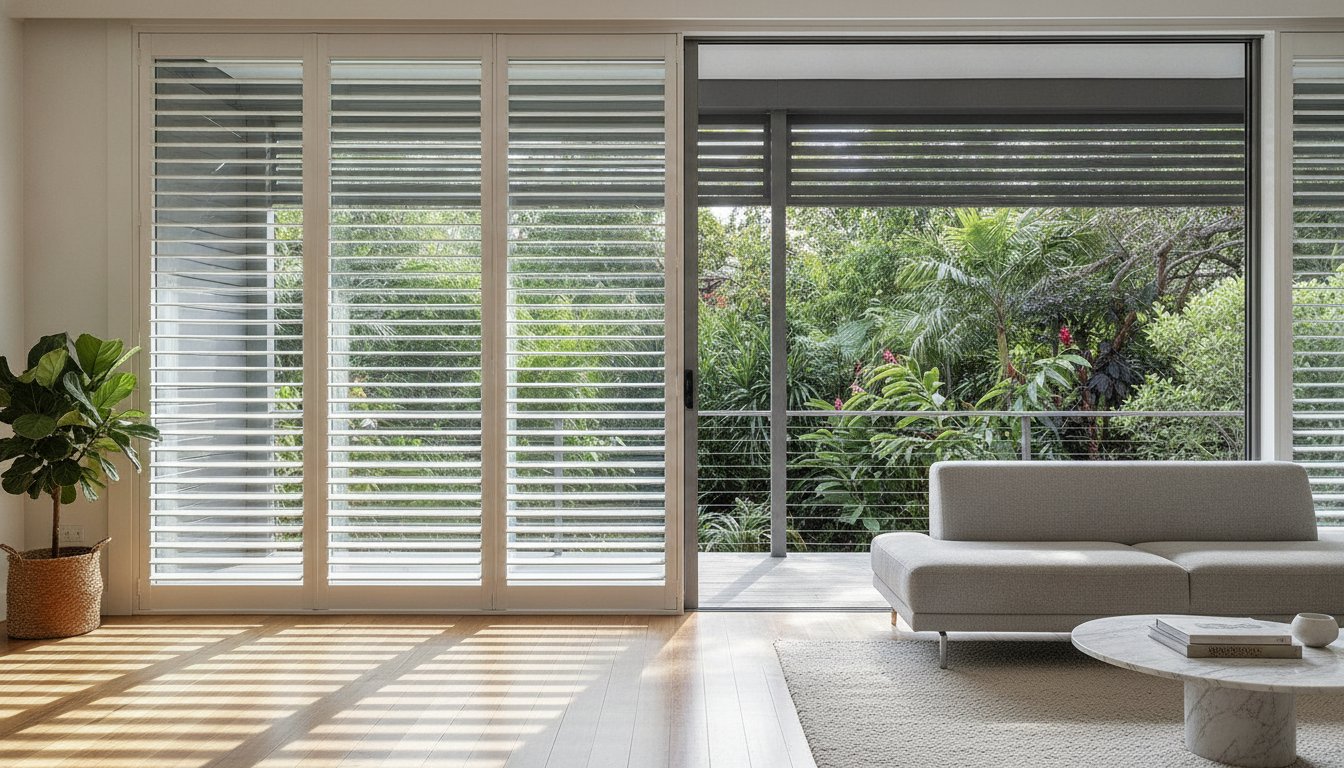 A bright living room with white shutters, a light gray sofa, a round coffee table, a potted plant, and a view of lush greenery outside through large glass doors.