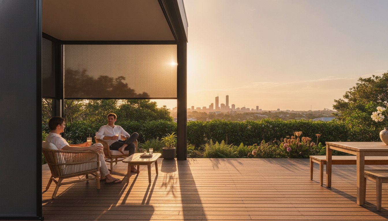 Two people sit on a deck with drinks at sunset, overlooking a city skyline in the distance. A dining table with flowers is nearby, and greenery surrounds the patio.