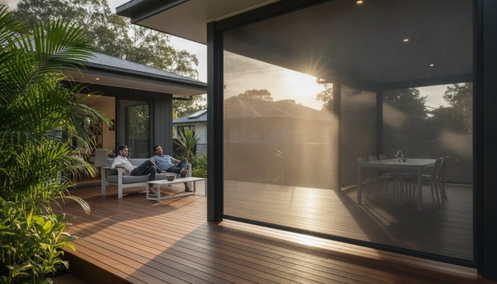 Two people sit on outdoor furniture on a wooden deck beside a house, enjoying the sunlight filtering through a large mesh screen and outdoor blinds that provide both shade and privacy on the adjoining patio.