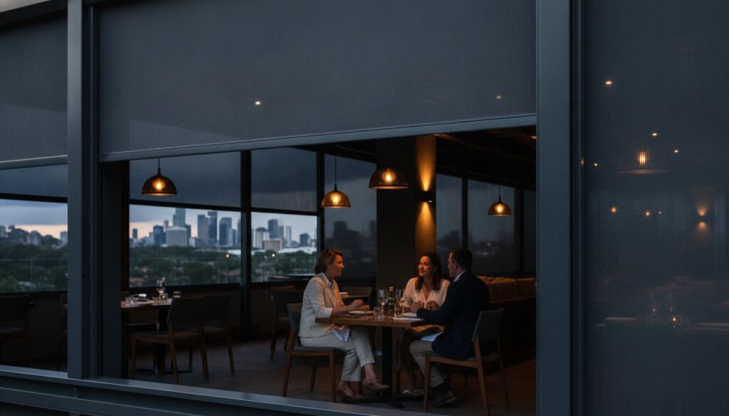 Three people sit at a table in a modern, dimly lit restaurant with large windows fitted with heavy duty commercial channel blinds, offering glimpses of the city skyline in the background.