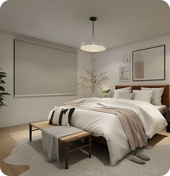 Modern bedroom with a wooden bed, white bedding, bench at the foot, artwork on the wall, a plant in the corner, and a pendant light overhead.