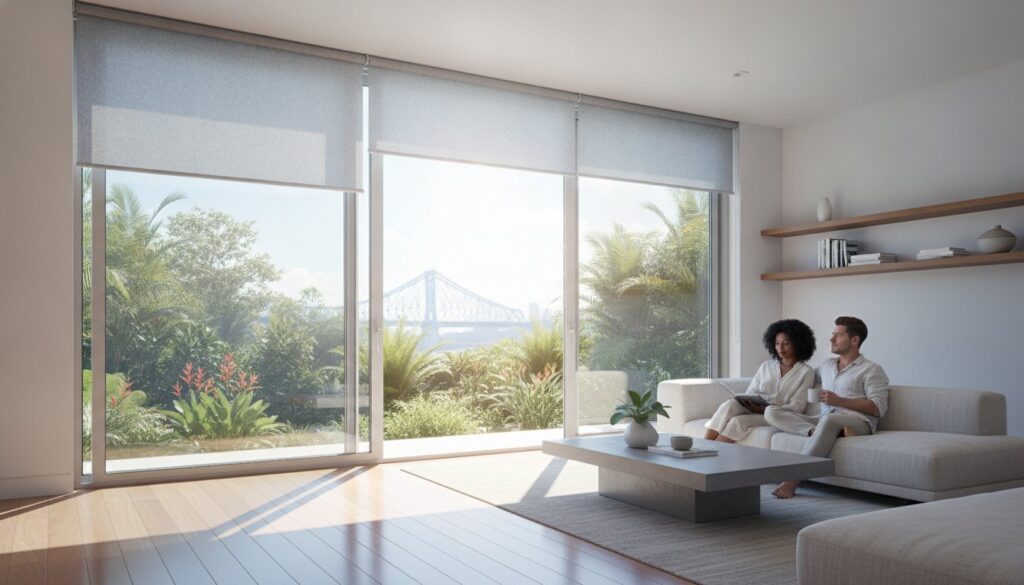 A couple sits on a sofa in a modern living room with large windows fitted with sleek internal blinds Brisbane residents adore, overlooking a garden and a distant bridge under a bright sky.