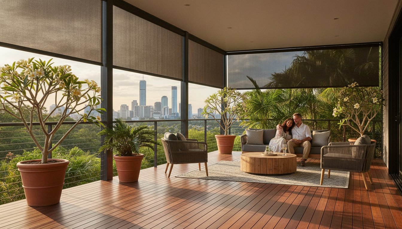 A couple sits on a couch on a covered balcony with potted plants, wooden flooring, and city skyline views in the background, enjoying the cozy atmosphere while discussing outdoor blinds cost in Brisbane.