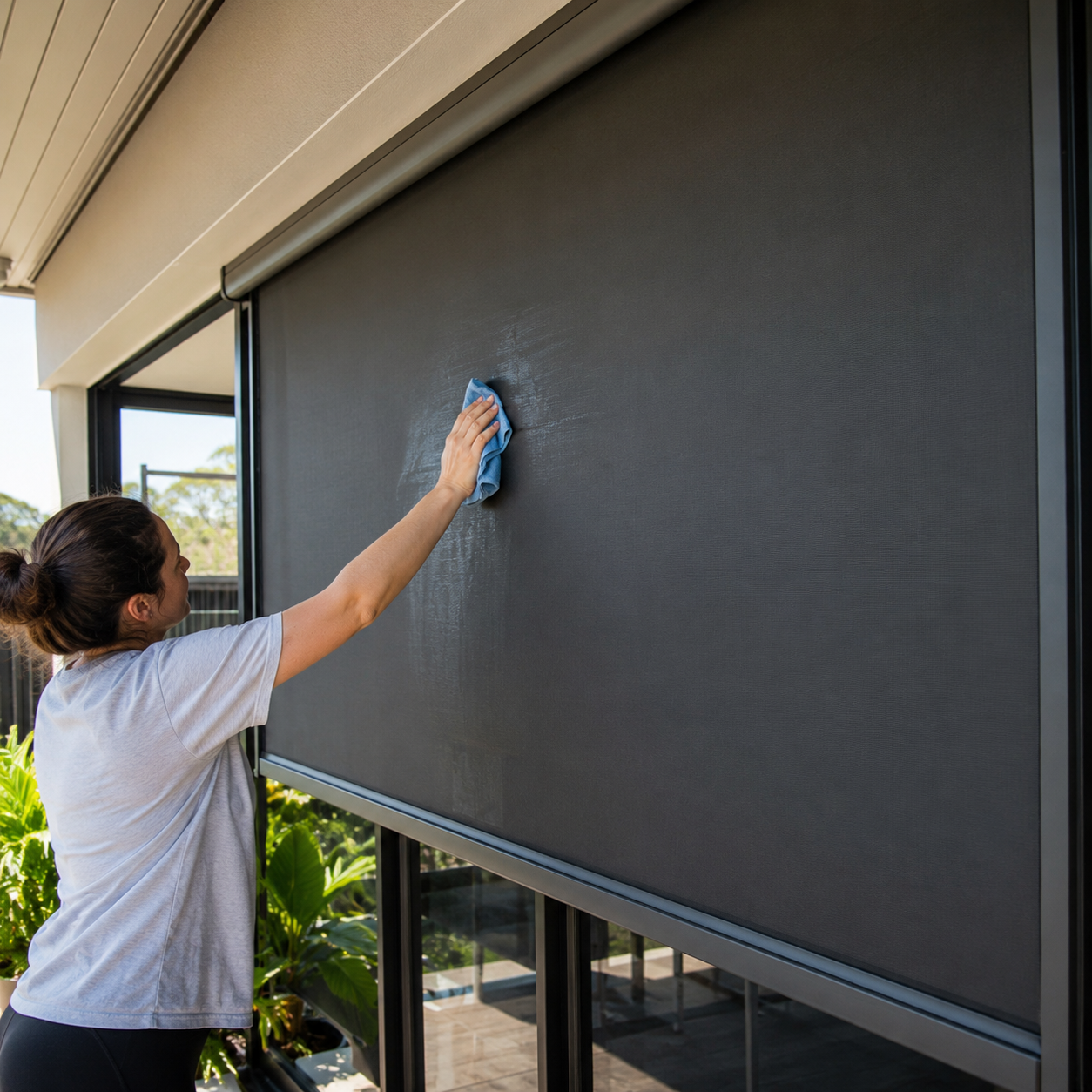 A person wipes a large outdoor roller blind with a blue cloth, standing beside a building with large windows and potted plants visible nearby.