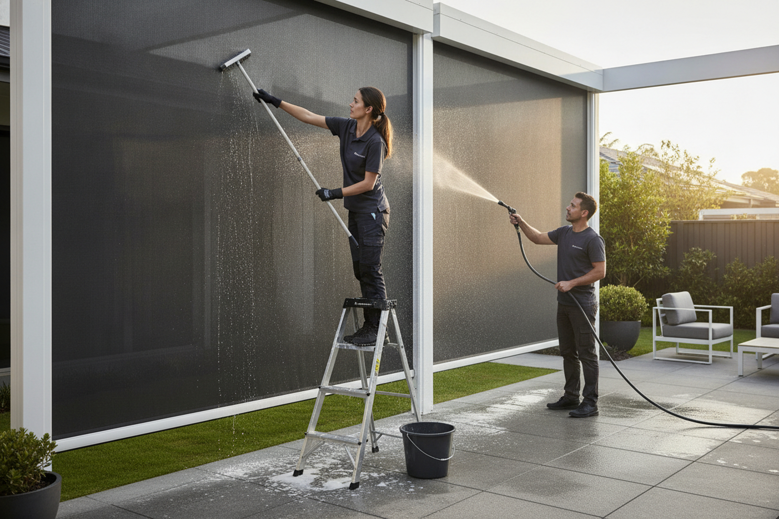 Two people clean outdoor blinds; one stands on a ladder scrubbing with a brush, while the other uses a hose to spray water, both wearing work uniforms in a modern patio area.