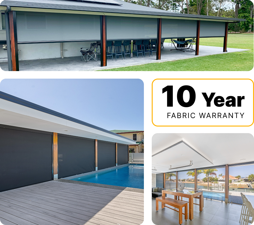 Three images of homes with outdoor roller blinds and a “10 Year Fabric Warranty” badge. The blinds cover patios and windows, providing shade and privacy in residential outdoor spaces.