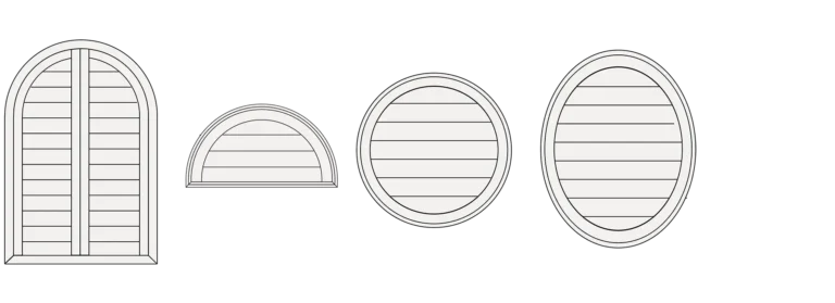 Four outlined shuttered window shapes are shown: one tall and arched, one small and half-circle, and two circular, all with horizontal slats and simple borders on a white background.
