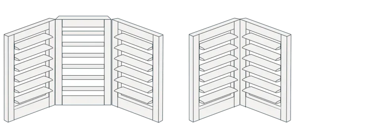 Two diagrams showing corner shelving units with multiple shelves, one with wide center shelves and the other with narrower shelves, both featuring angled side panels.