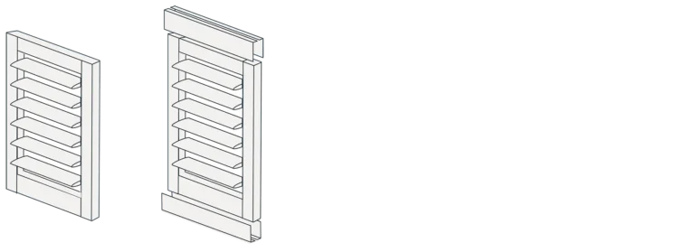 Two line drawings show louvered panels with slats; one is assembled and the other is partially assembled, displaying its frame and slats separately.