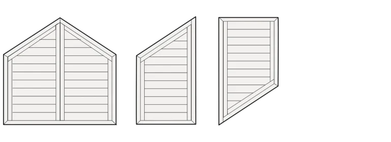 Three geometric wooden panels: a triangle-topped panel, a right-angled trapezoidal panel, and a parallelogram-shaped panel, each with horizontal slats and a border.