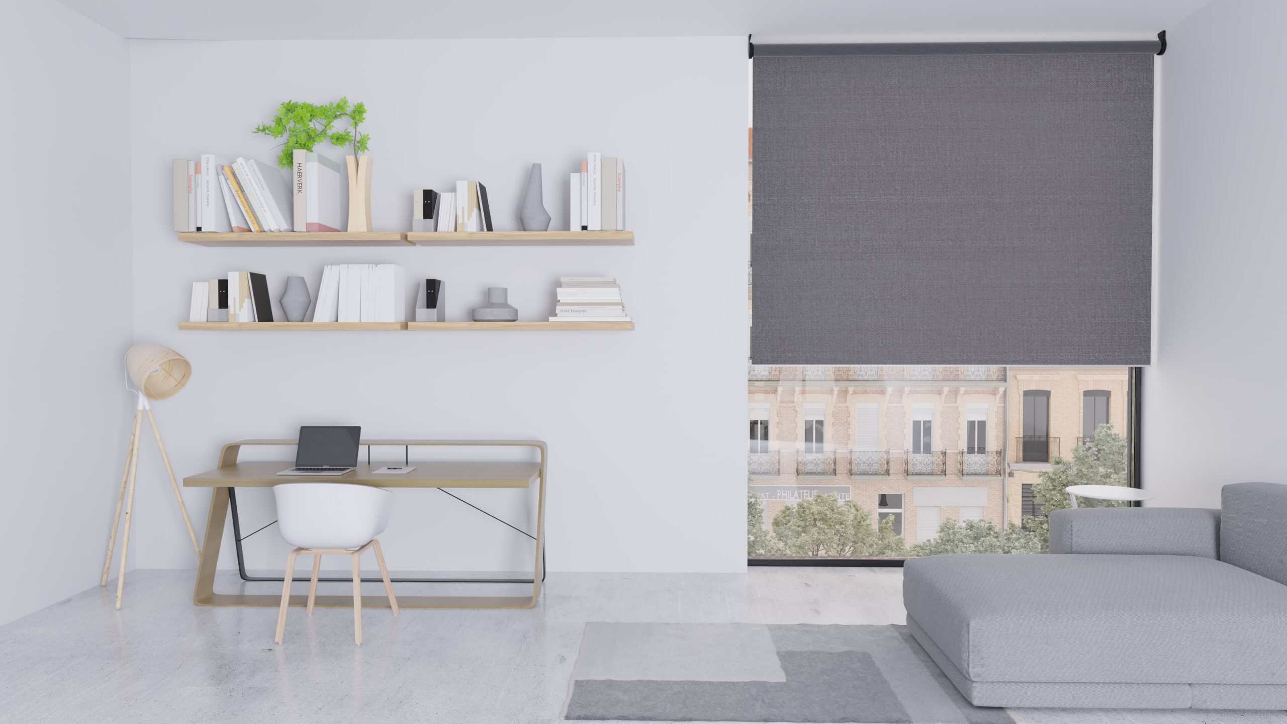 Minimalist home office with a desk, chair, laptop, two shelves with books and plants, a floor lamp, a gray sofa, and a window with a gray shade overlooking a building.