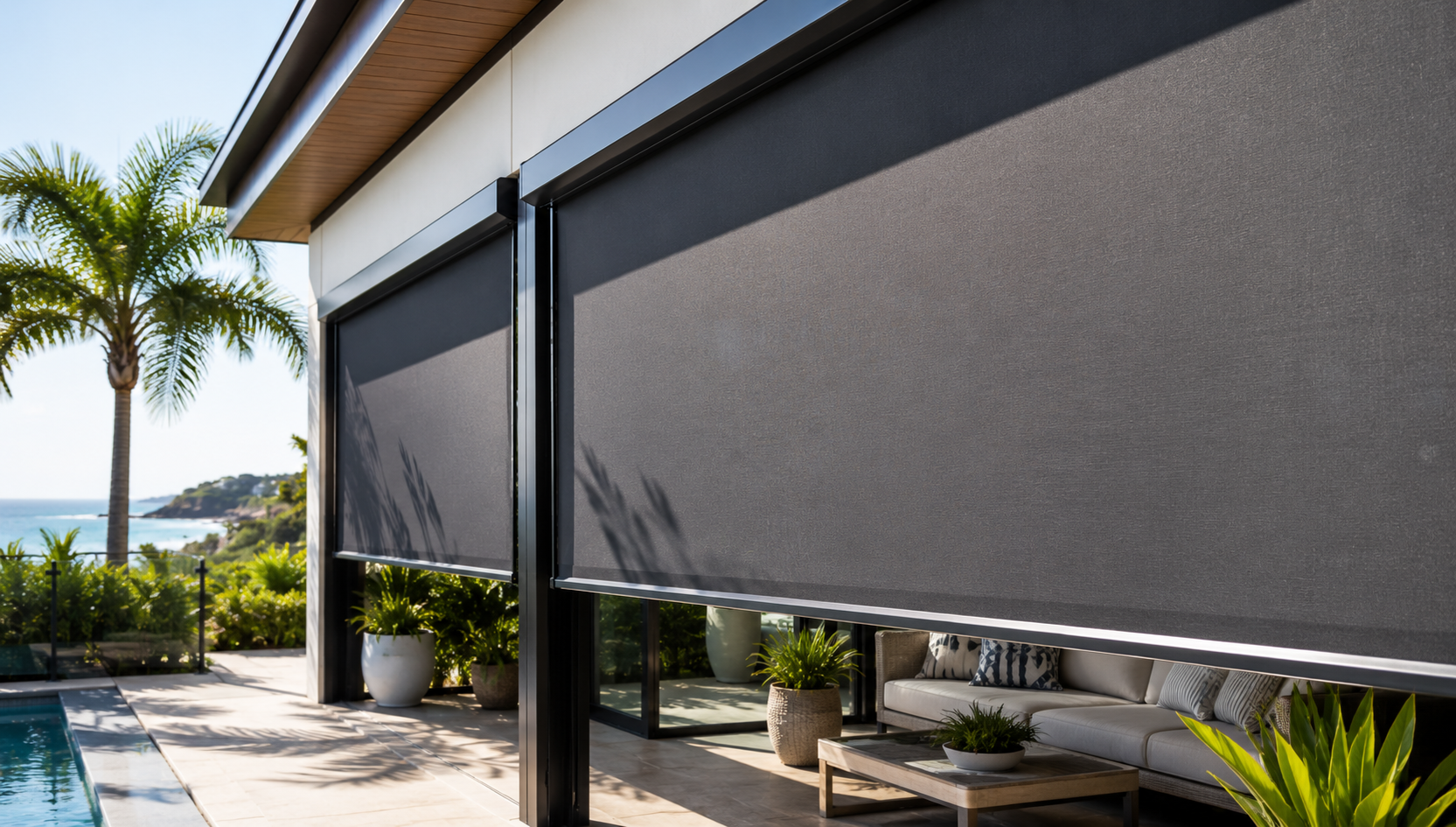 Outdoor patio with large black retractable screens, lawn chairs, potted plants, and a swimming pool, overlooking the ocean and palm trees on a sunny day.